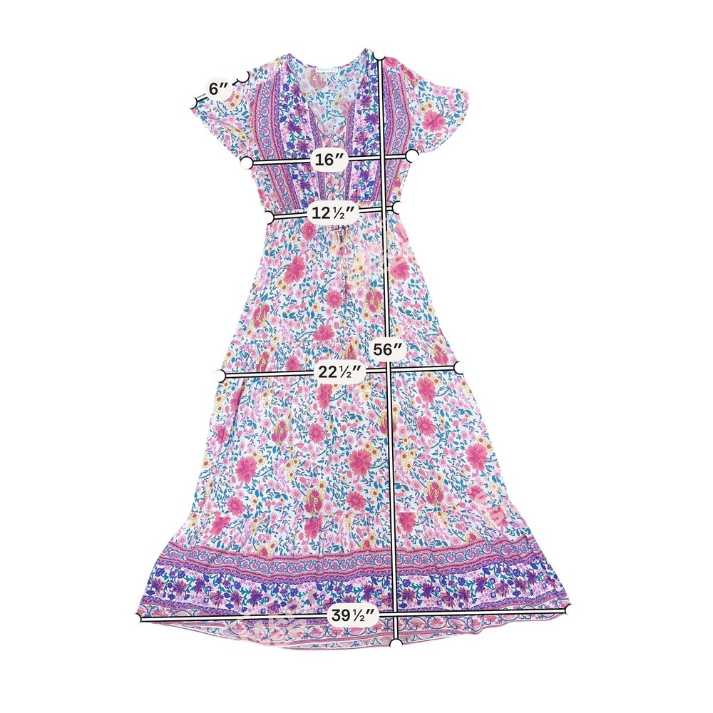 Viovimos Pink Floral Boho Maxi Dress V-Neck‎ Tiered Button Front Size S 4/6 - Picture 8 of 8